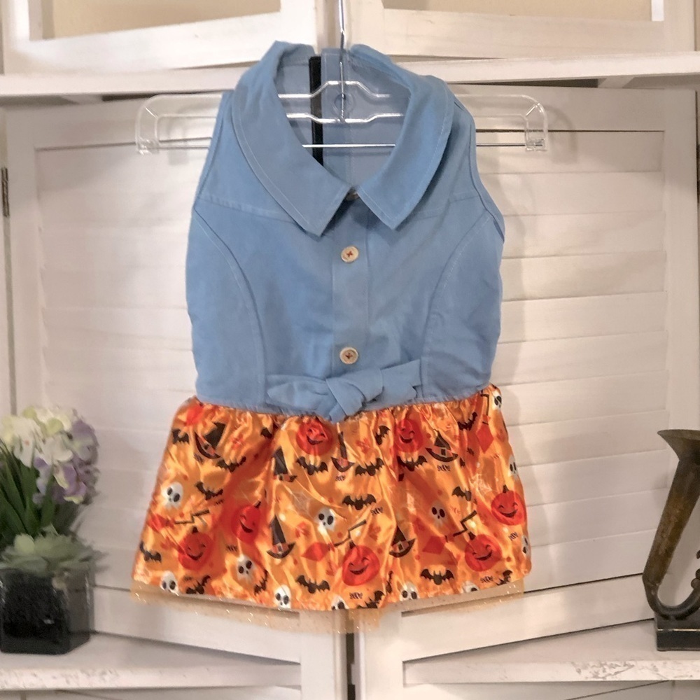 Frisco Dog Dress Blue Chambray Orange Pumpkins Tutu Medium